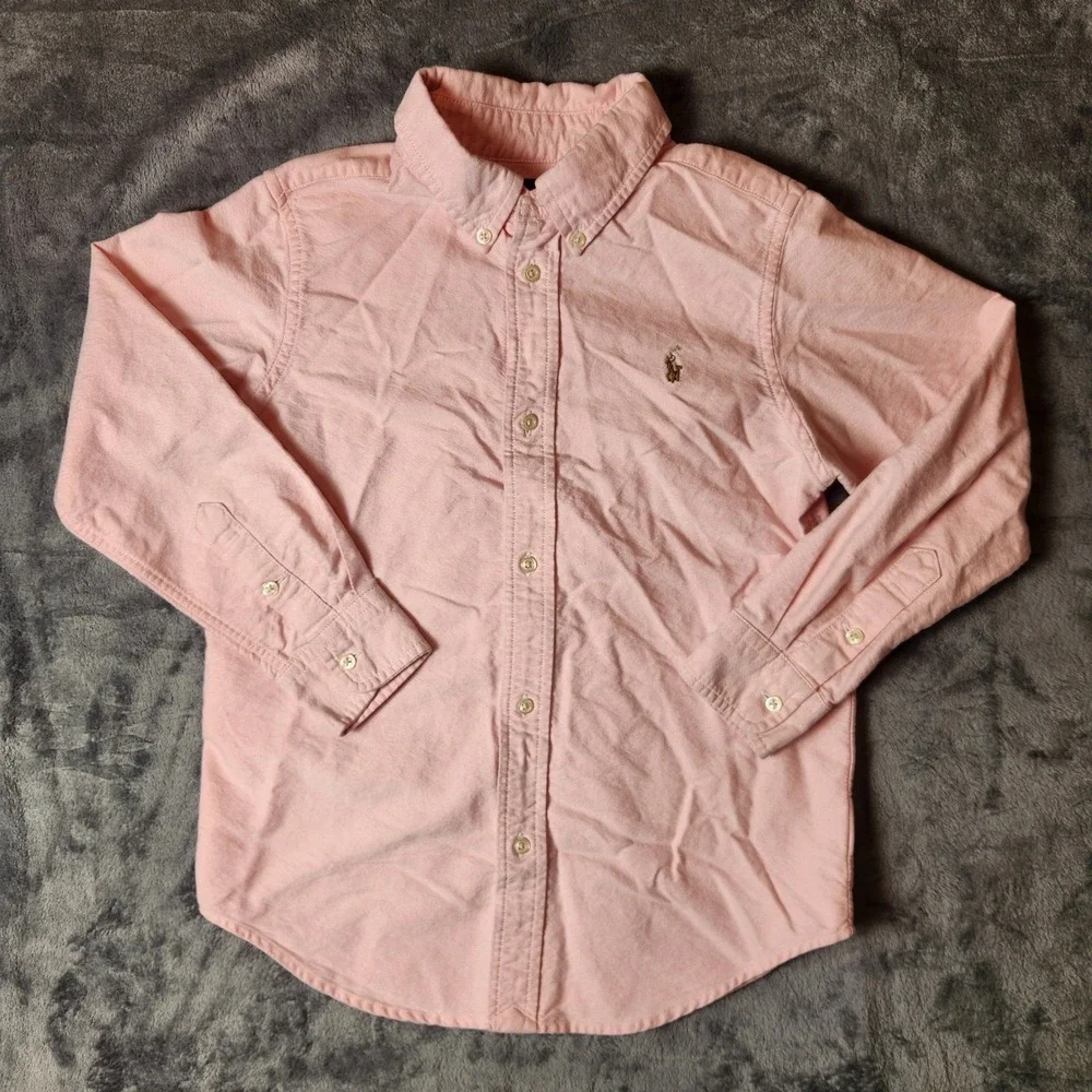 Ralph Lauren Boys Pink Oxford Cotton Button Down Shirt Size 7 Long Sleeve Pony